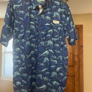 Magellan Outdoors Navy Blue Shirt with Aqua Shark Print